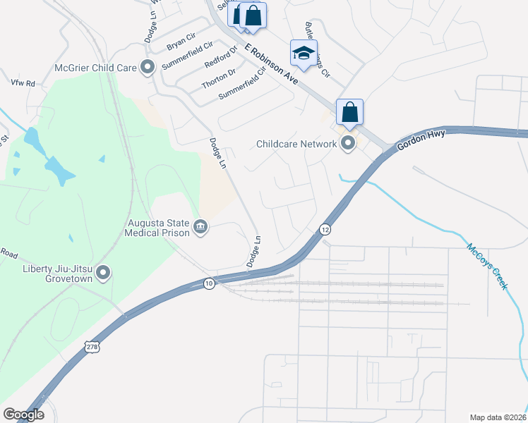 map of restaurants, bars, coffee shops, grocery stores, and more near 1327 York Drive in Grovetown