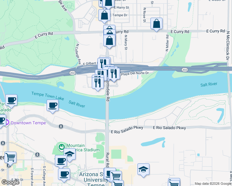 map of restaurants, bars, coffee shops, grocery stores, and more near 909 East Playa Del Norte Drive in Tempe