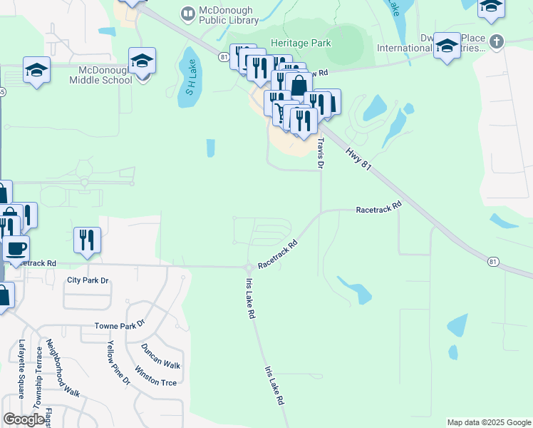 map of restaurants, bars, coffee shops, grocery stores, and more near 172 Daisy Circle in McDonough