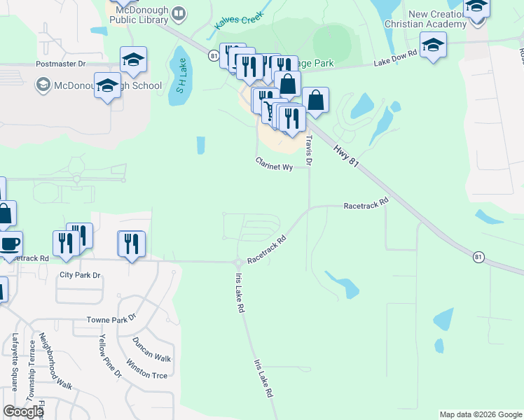 map of restaurants, bars, coffee shops, grocery stores, and more near 156 Daisy Circle in McDonough