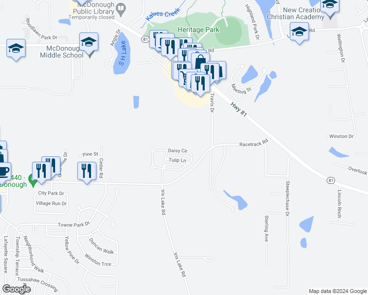 map of restaurants, bars, coffee shops, grocery stores, and more near 160 Daisy Circle in McDonough