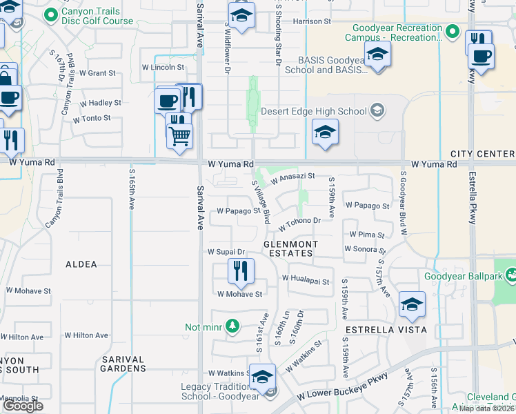 map of restaurants, bars, coffee shops, grocery stores, and more near 1377 South 161st Drive in Goodyear