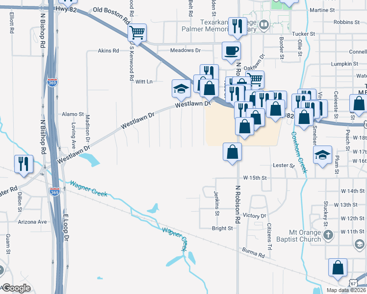 map of restaurants, bars, coffee shops, grocery stores, and more near 416 Crestview Street in Texarkana