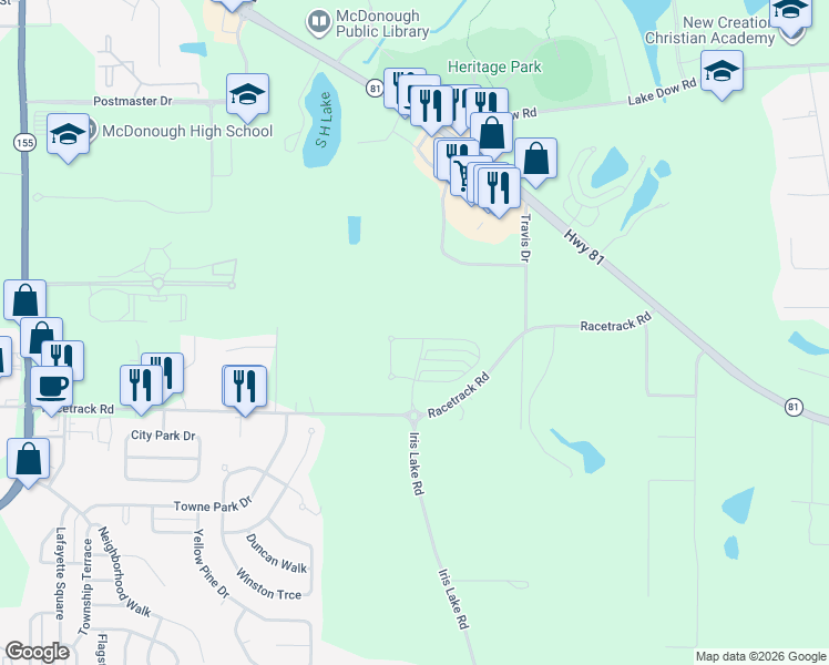map of restaurants, bars, coffee shops, grocery stores, and more near 178 Daisy Circle in McDonough