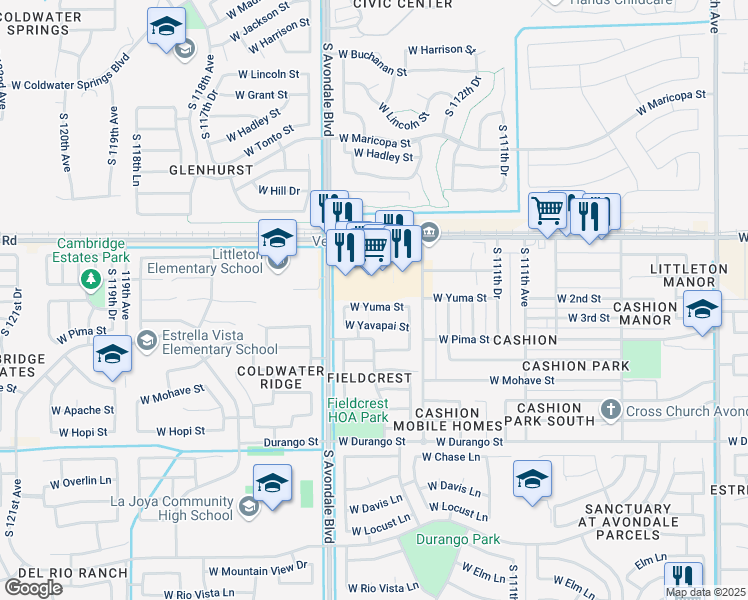 map of restaurants, bars, coffee shops, grocery stores, and more near 11402 West Yuma Street in Avondale