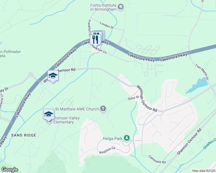 map of restaurants, bars, coffee shops, grocery stores, and more near 105 Cordoba Lane in Birmingham