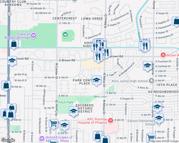 map of restaurants, bars, coffee shops, grocery stores, and more near 1101 North Pasadena in Mesa