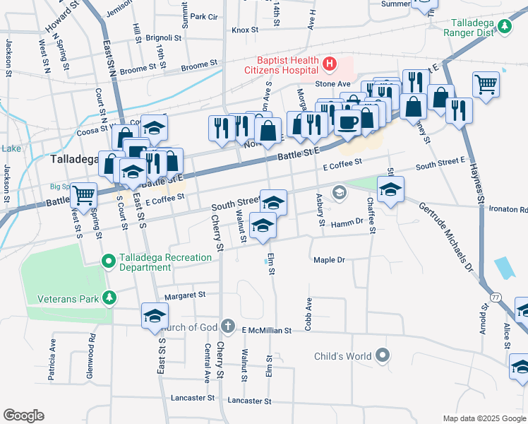 map of restaurants, bars, coffee shops, grocery stores, and more near 414 Elm Street in Talladega