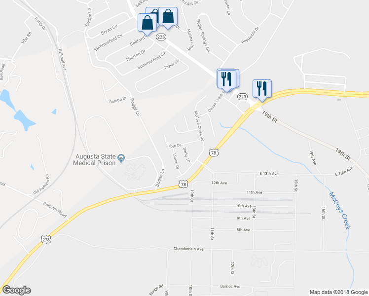 map of restaurants, bars, coffee shops, grocery stores, and more near 1213 Derby Lane in Grovetown