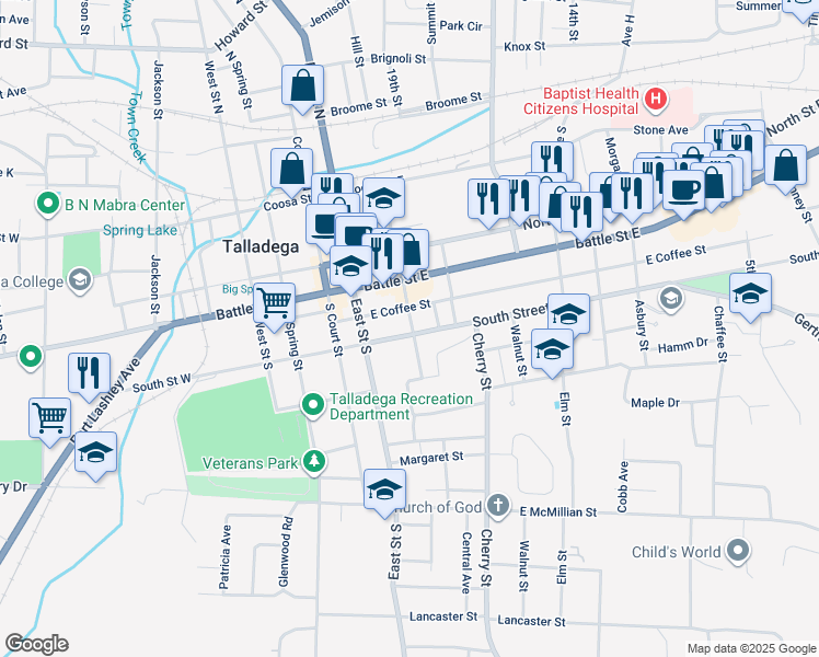 map of restaurants, bars, coffee shops, grocery stores, and more near 112 Ashland Highway in Talladega
