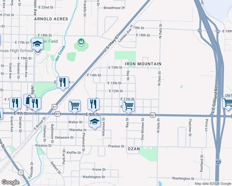 map of restaurants, bars, coffee shops, grocery stores, and more near 2306 East 12th Street in Texarkana