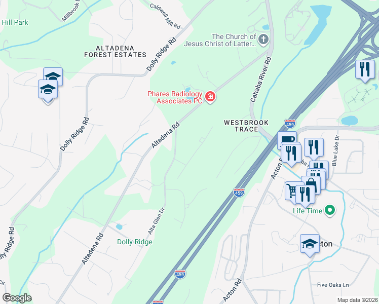 map of restaurants, bars, coffee shops, grocery stores, and more near 2704 Alta View Drive in Vestavia Hills