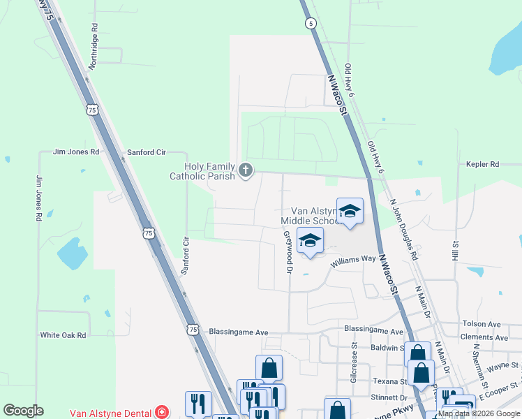 map of restaurants, bars, coffee shops, grocery stores, and more near 810 Scott Circle in Van Alstyne