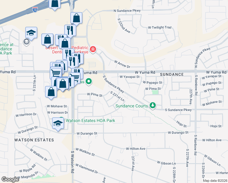 map of restaurants, bars, coffee shops, grocery stores, and more near 1463 South 231st Lane in Buckeye