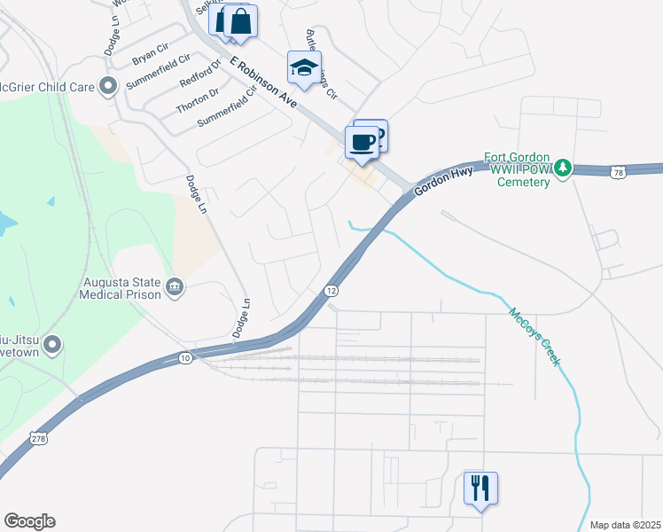 map of restaurants, bars, coffee shops, grocery stores, and more near 1110 McCoys Creek Road in Grovetown