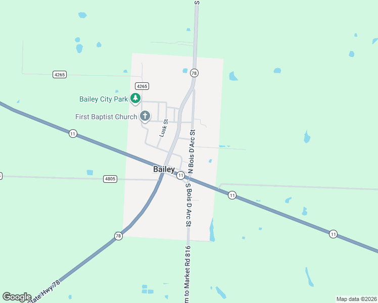 map of restaurants, bars, coffee shops, grocery stores, and more near 111 South Bois D Arc Street in Bailey