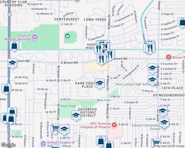 map of restaurants, bars, coffee shops, grocery stores, and more near 1101 North Pasadena in Mesa