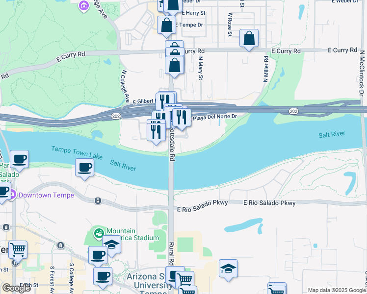 map of restaurants, bars, coffee shops, grocery stores, and more near 945 East Playa Del Norte Drive in Tempe