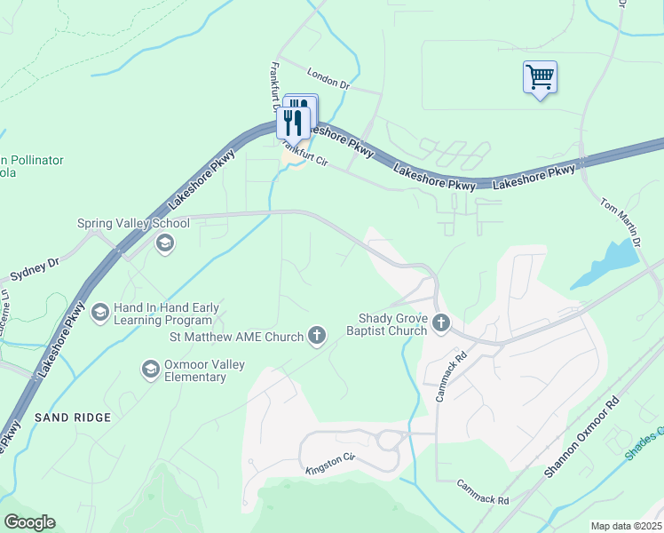 map of restaurants, bars, coffee shops, grocery stores, and more near 105 Cordoba Lane in Birmingham