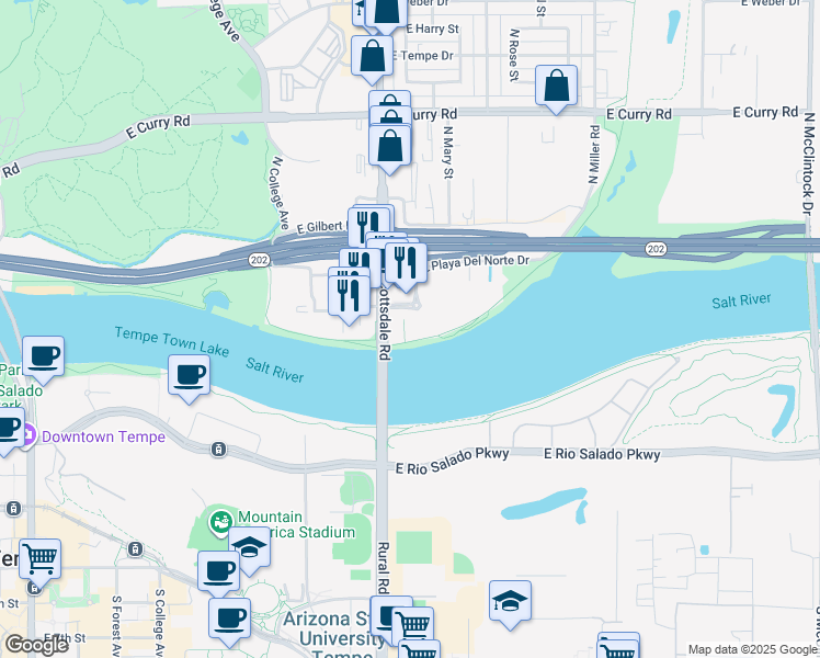 map of restaurants, bars, coffee shops, grocery stores, and more near 909 East Playa Del Norte Drive in Tempe