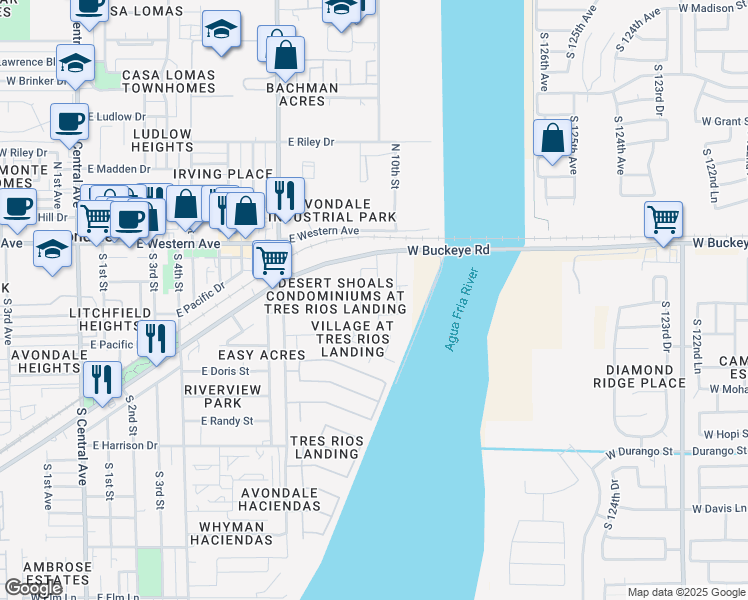 map of restaurants, bars, coffee shops, grocery stores, and more near 12851 West Buckeye Road in Avondale