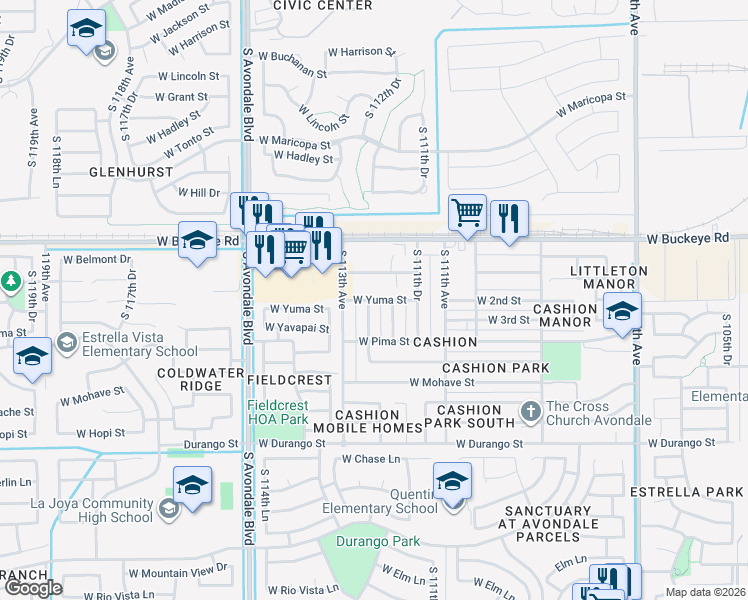 map of restaurants, bars, coffee shops, grocery stores, and more near 11244 West Yuma Street in Avondale