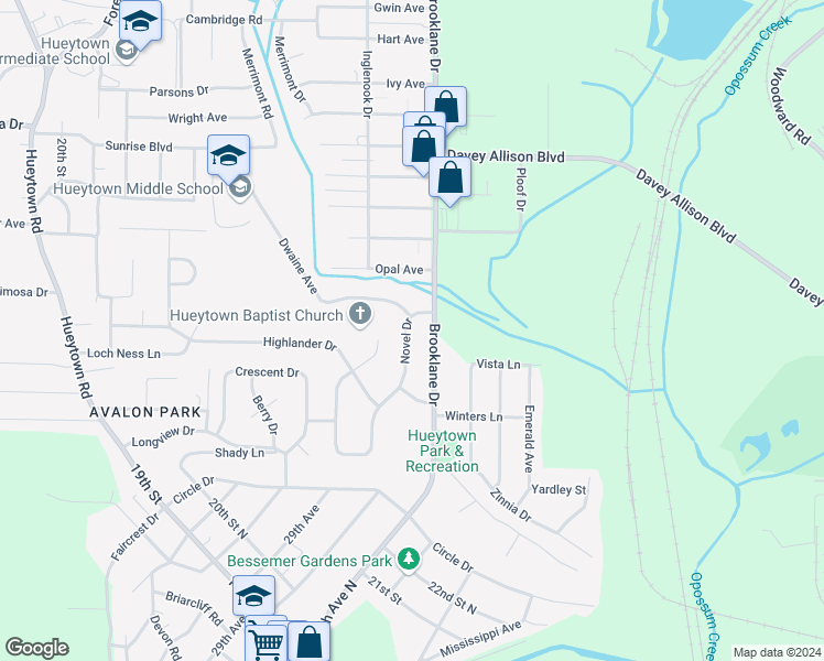 map of restaurants, bars, coffee shops, grocery stores, and more near 2835 Novel Drive in Hueytown