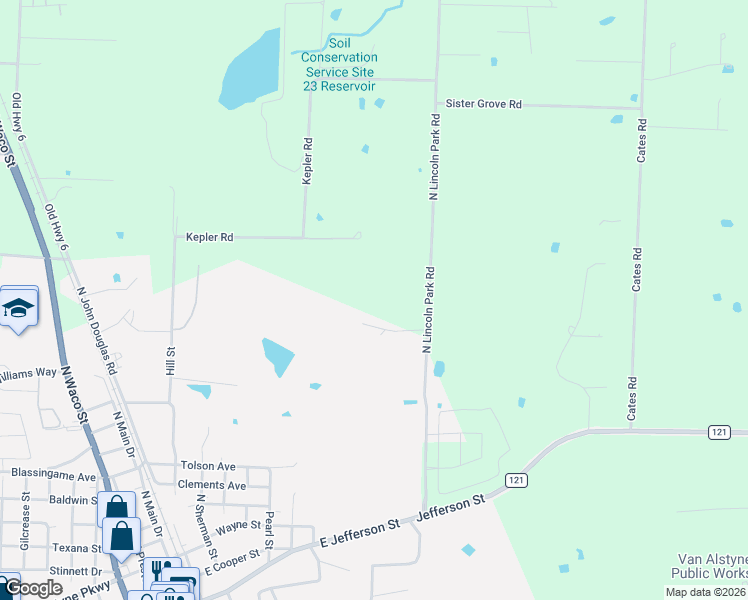 map of restaurants, bars, coffee shops, grocery stores, and more near 523 North Lincoln Park Road in Van Alstyne
