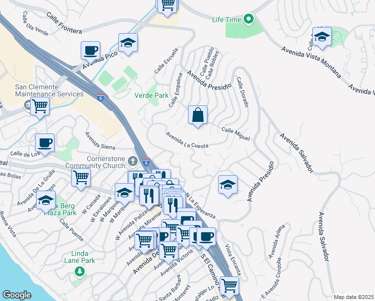 map of restaurants, bars, coffee shops, grocery stores, and more near 153 Avenida Patero De Oro in San Clemente