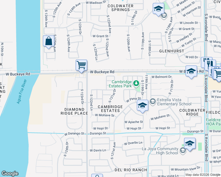 map of restaurants, bars, coffee shops, grocery stores, and more near 1326 South 121st Drive in Avondale