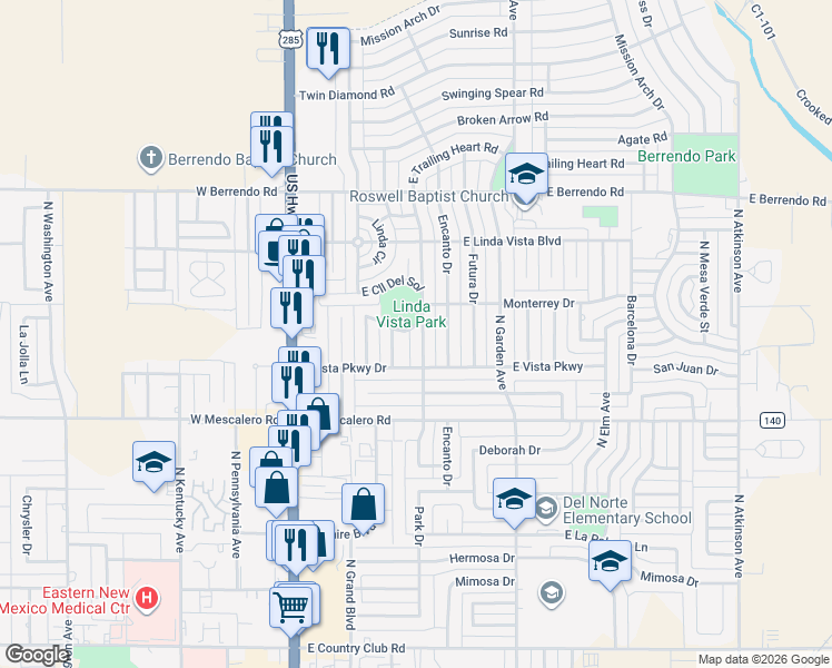 map of restaurants, bars, coffee shops, grocery stores, and more near 3010 Delicado Drive in Roswell