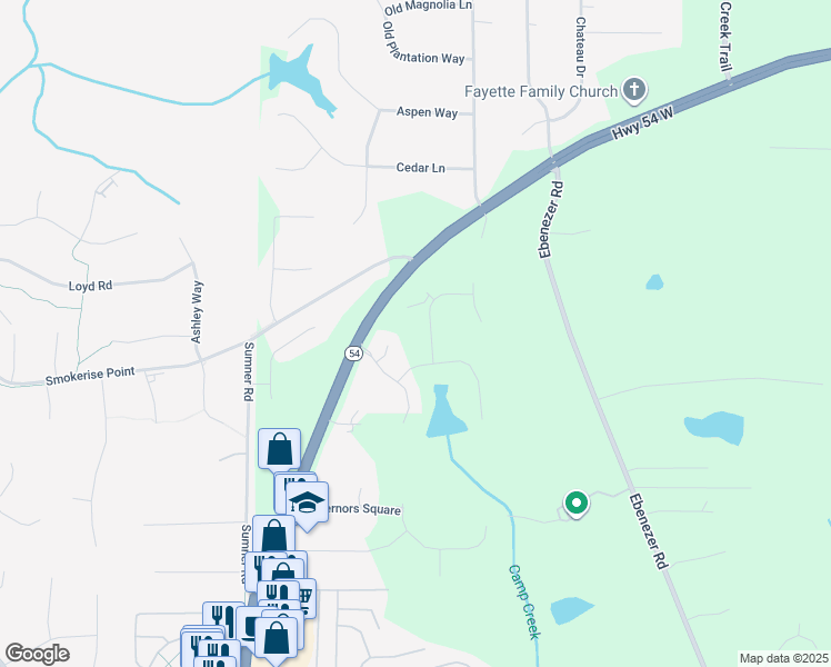 map of restaurants, bars, coffee shops, grocery stores, and more near 115 Woodcanoe Court in Peachtree City