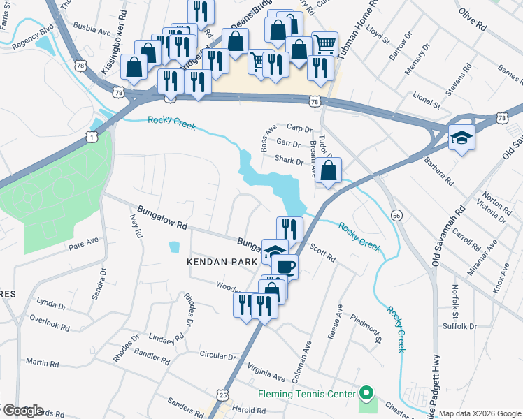 map of restaurants, bars, coffee shops, grocery stores, and more near 2126 Gatewood Drive in Augusta