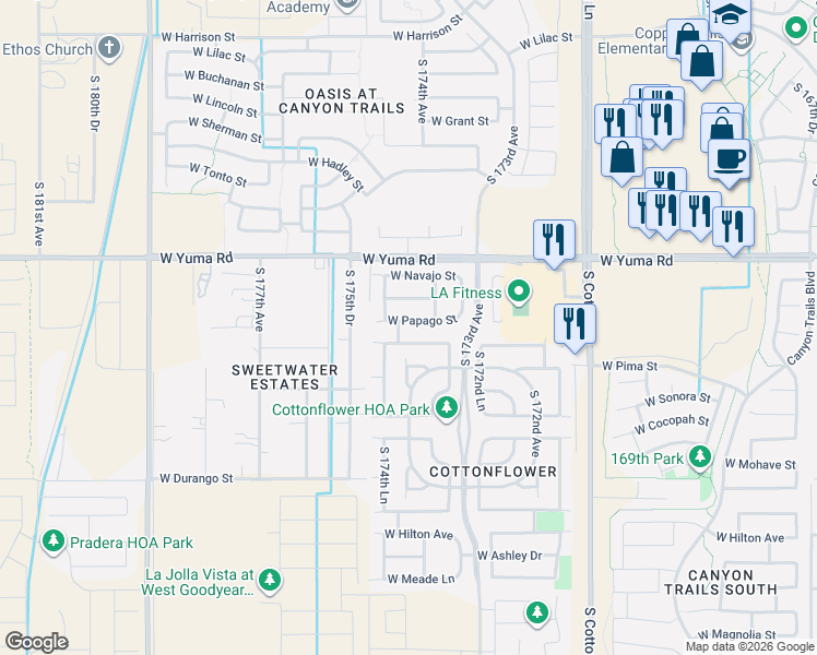 map of restaurants, bars, coffee shops, grocery stores, and more near 17429 West Papago Street in Goodyear