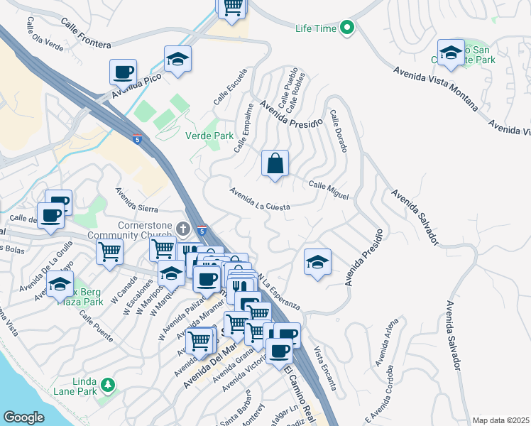 map of restaurants, bars, coffee shops, grocery stores, and more near 151 Patero Del Oro in San Clemente