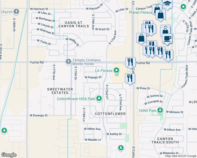 map of restaurants, bars, coffee shops, grocery stores, and more near 17365 West Papago Street in Goodyear
