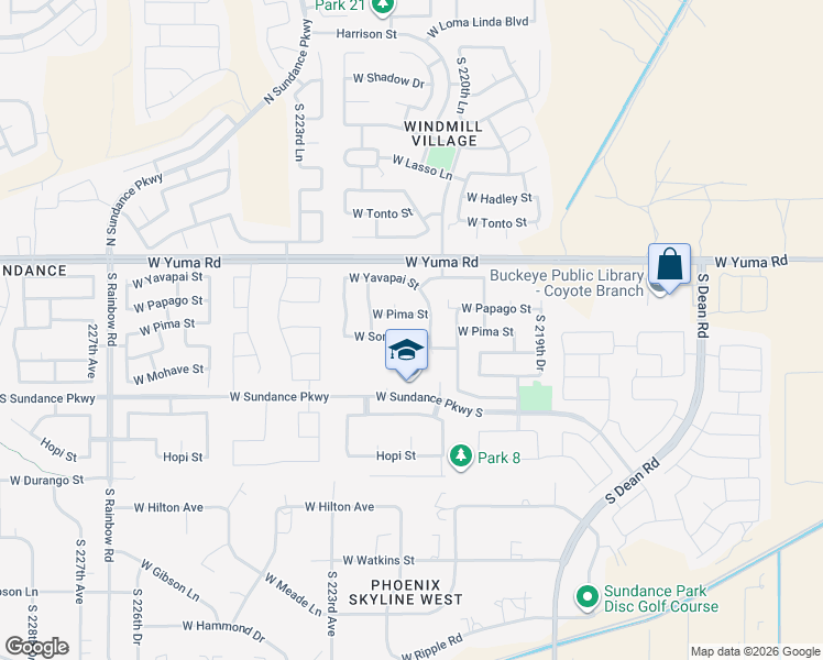 map of restaurants, bars, coffee shops, grocery stores, and more near 22166 West Sonora Street in Buckeye
