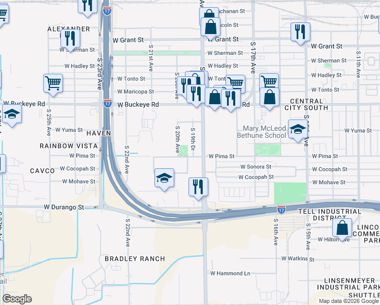 map of restaurants, bars, coffee shops, grocery stores, and more near 1510 South 19th Drive in Phoenix