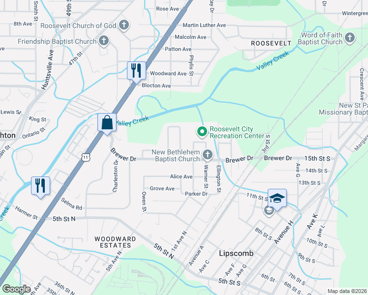 map of restaurants, bars, coffee shops, grocery stores, and more near 159 Houston Dr in Bessemer