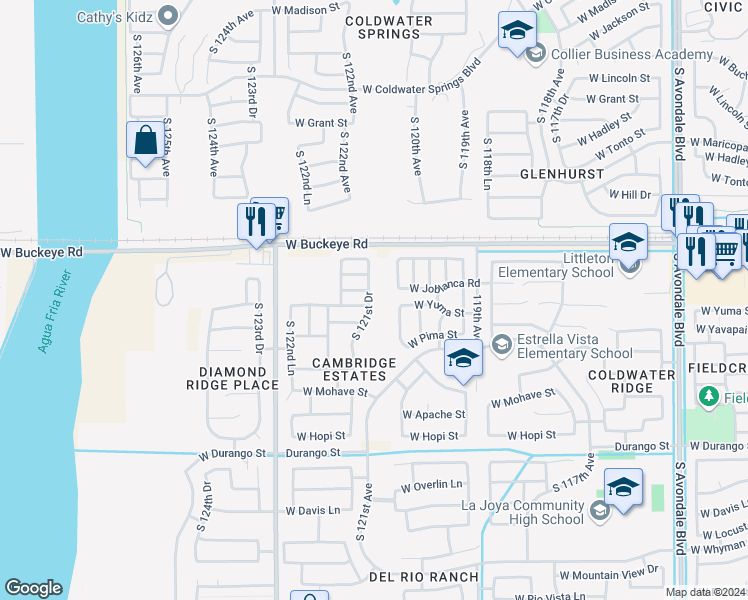 map of restaurants, bars, coffee shops, grocery stores, and more near 1329 South 121st Drive in Avondale