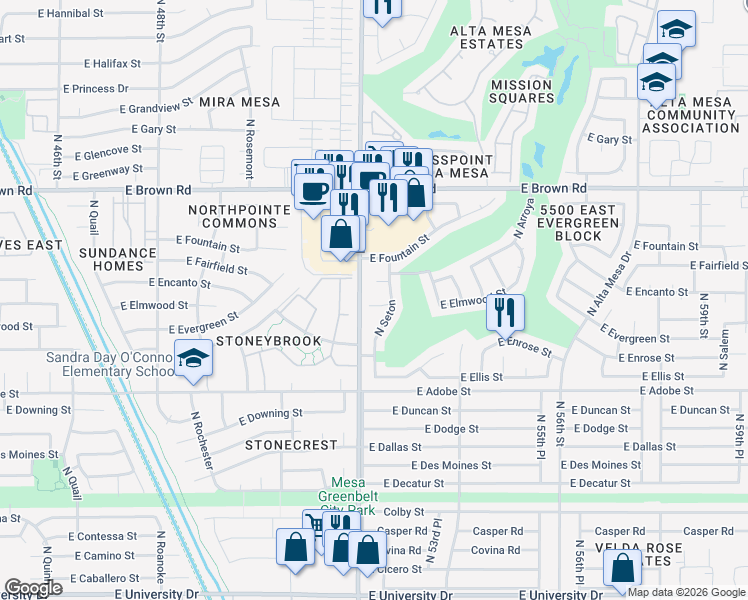 map of restaurants, bars, coffee shops, grocery stores, and more near 5210 East Elmwood Circle in Mesa