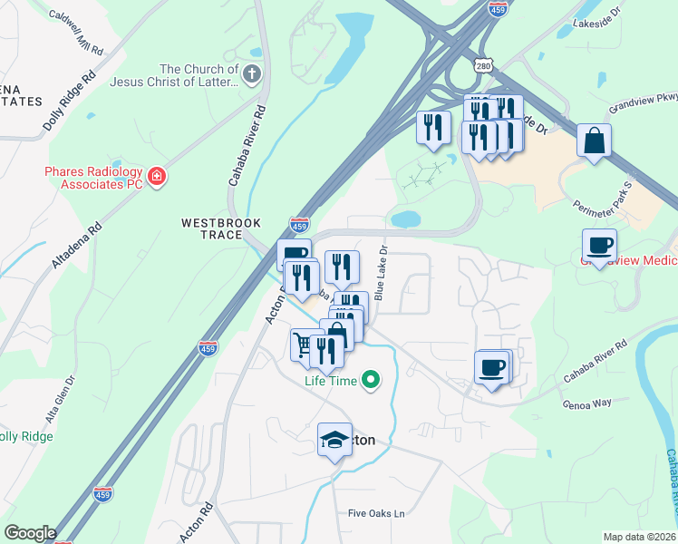 map of restaurants, bars, coffee shops, grocery stores, and more near 4704 Colonnade Place in Birmingham