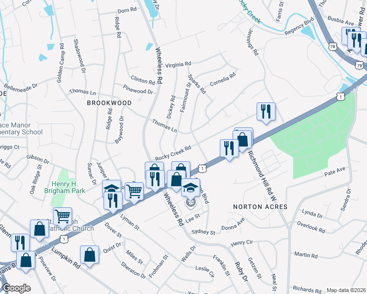 map of restaurants, bars, coffee shops, grocery stores, and more near 2909 Rocky Creek Road in Augusta