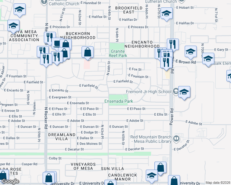 map of restaurants, bars, coffee shops, grocery stores, and more near 6452 East Elmwood Street in Mesa