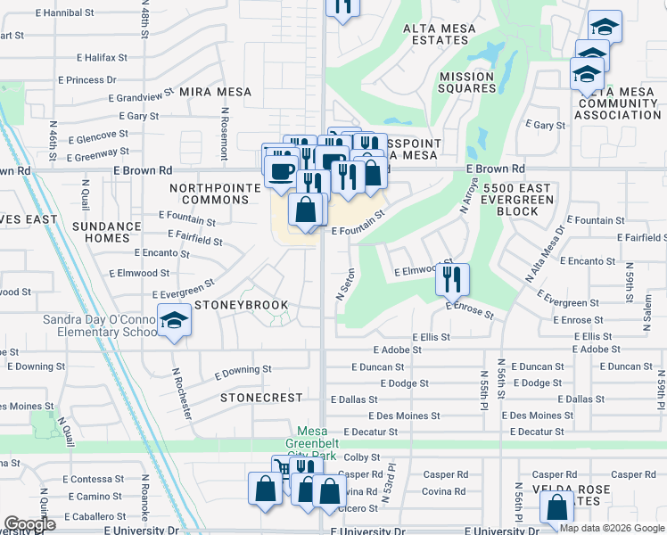 map of restaurants, bars, coffee shops, grocery stores, and more near 5210 East Elmwood Circle in Mesa