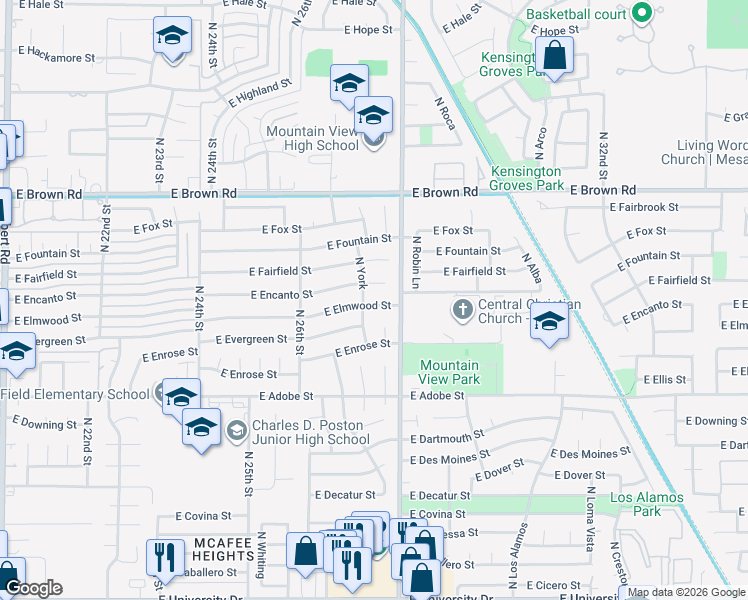map of restaurants, bars, coffee shops, grocery stores, and more near 2706 East Elmwood Street in Mesa