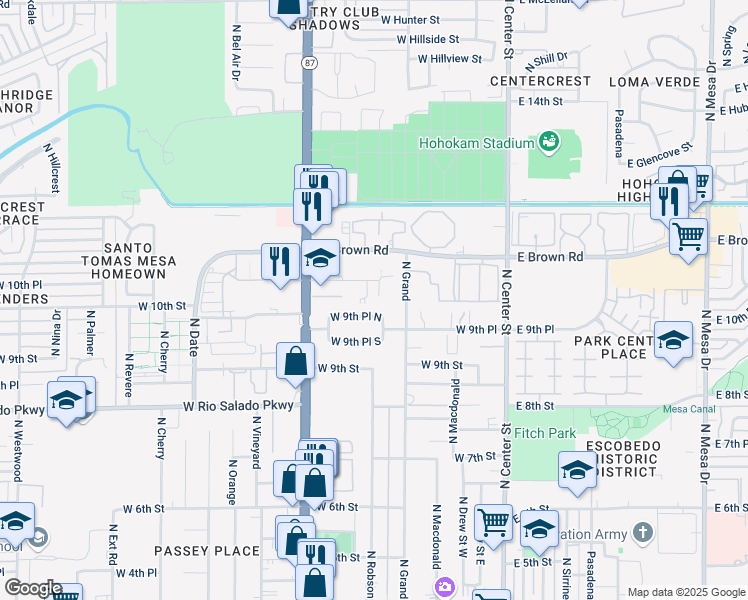 map of restaurants, bars, coffee shops, grocery stores, and more near 245 West 10th Place in Mesa