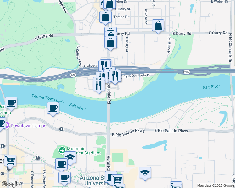 map of restaurants, bars, coffee shops, grocery stores, and more near 945 East Playa Del Norte Drive in Tempe