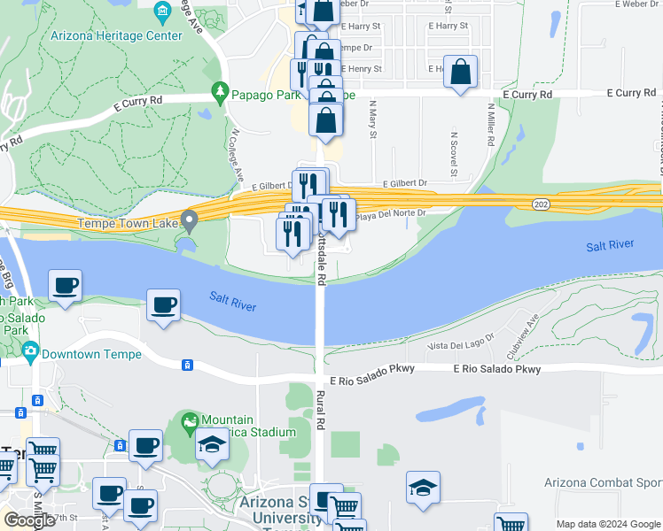 map of restaurants, bars, coffee shops, grocery stores, and more near 909 East Playa Del Norte Drive in Tempe