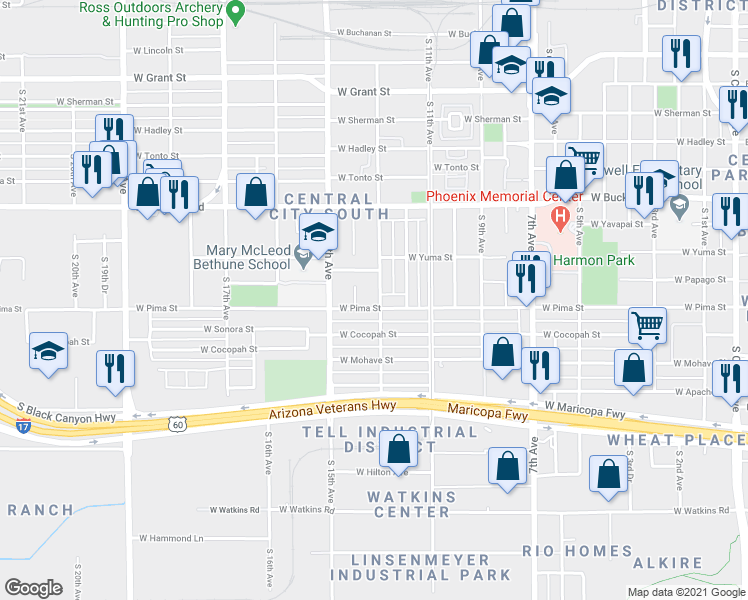 map of restaurants, bars, coffee shops, grocery stores, and more near 1222 West Pima Street in Phoenix